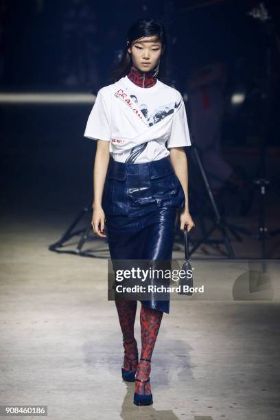 Model walks the runway during the Kenzo Menswear Fall/Winter 2018-2019 show as part of Paris Fashion Week on January 21, 2018 in Paris, France.