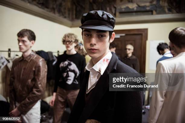 Model poses Backstage prior the Enfants Riches Deprimes Menswear Fall/Winter 2018-2019 show as part of Paris Fashion Week on January 21, 2018 in...