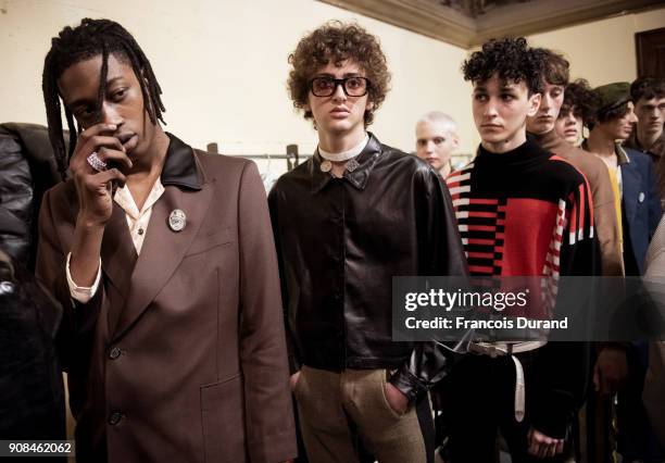 Model poses Backstage prior the Enfants Riches Deprimes Menswear Fall/Winter 2018-2019 show as part of Paris Fashion Week on January 21, 2018 in...