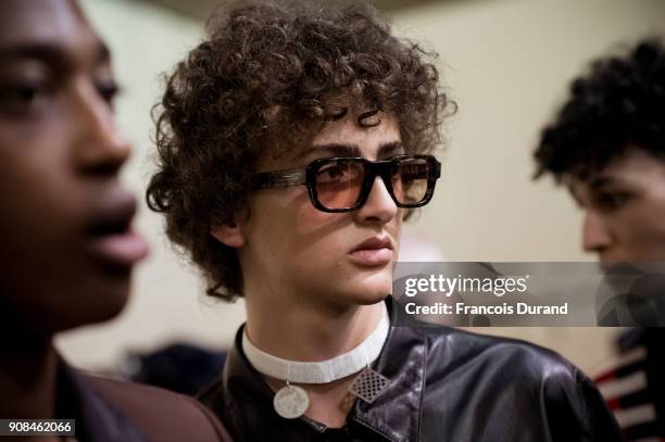 Model poses Backstage prior the Enfants Riches Deprimes Menswear Fall/Winter 2018-2019 show as part of Paris Fashion Week on January 21, 2018 in...