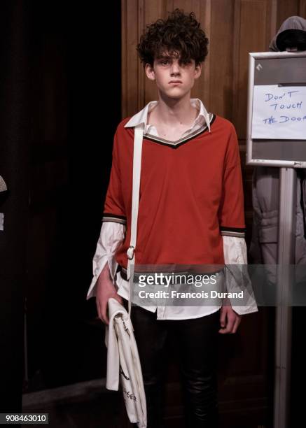 Model poses Backstage prior the Enfants Riches Deprimes Menswear Fall/Winter 2018-2019 show as part of Paris Fashion Week on January 21, 2018 in...