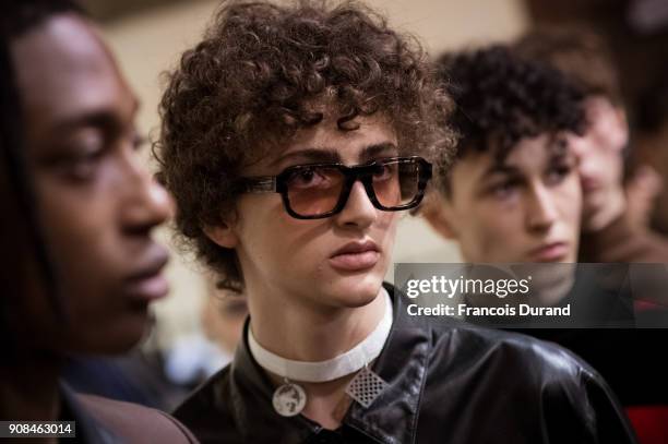 Model poses Backstage prior the Enfants Riches Deprimes Menswear Fall/Winter 2018-2019 show as part of Paris Fashion Week on January 21, 2018 in...