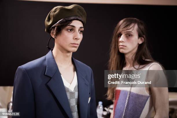 Model poses Backstage prior the Enfants Riches Deprimes Menswear Fall/Winter 2018-2019 show as part of Paris Fashion Week on January 21, 2018 in...