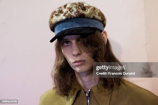 Model poses Backstage prior the Enfants Riches Deprimes Menswear Fall/Winter 2018-2019 show as part of Paris Fashion Week on January 21, 2018 in...