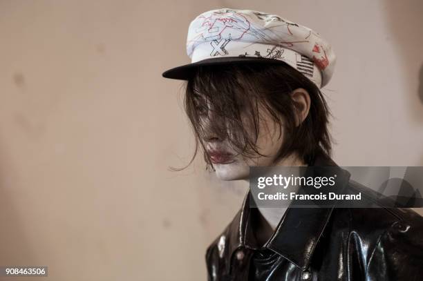 Model poses Backstage prior the Enfants Riches Deprimes Menswear Fall/Winter 2018-2019 show as part of Paris Fashion Week on January 21, 2018 in...