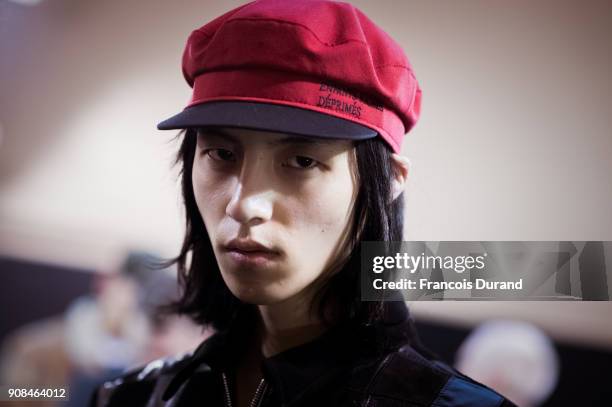 Model poses Backstage prior the Enfants Riches Deprimes Menswear Fall/Winter 2018-2019 show as part of Paris Fashion Week on January 21, 2018 in...