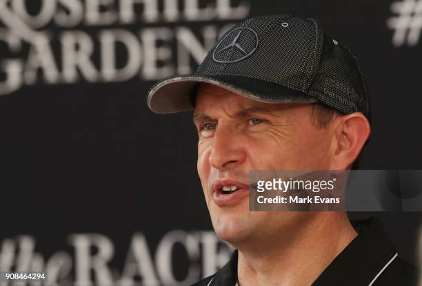 Trainer Chris Waller speaks during a press conference after his horse Winx had completed a barrier trial at Rosehill Gardens on January 22, 2018 in...