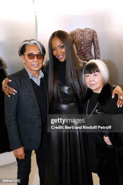 Stylist Kenzo Takada, model naomi Campbell and Mabro attend the "Azzedine Alaia : Je Suis Couturier" Exhibition as part of Paris Fashion Week. Held...