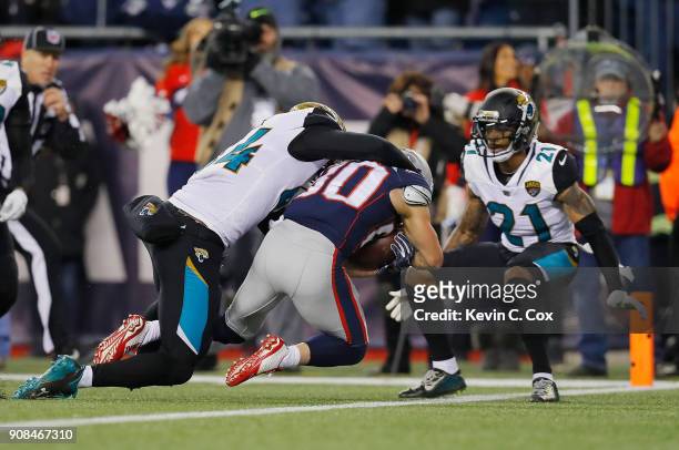 Danny Amendola of the New England Patriots scores a touchdown in the fourth quarter during the AFC Championship Game against the Jacksonville Jaguars...