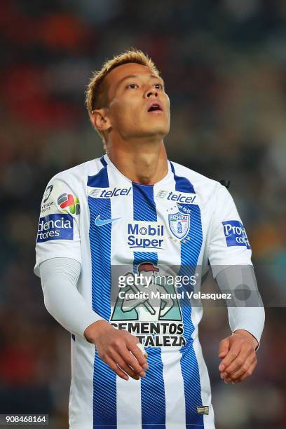 Keisuke Honda of Pachuca gestures during the 3rd round match between Pachuca and Lobos BUAP as part of the Torneo Clausura 2018 Liga MX at Hidalgo...