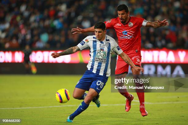 Victor Guzman of Pachuca struggles for the ball against Francisco Rodriguez of Lobos BUAP during the 3rd round match between Pachuca and Lobos BUAP...