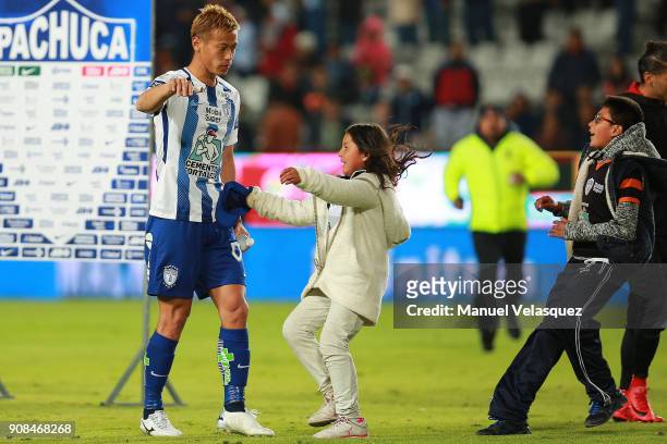Keisuke Honda of Pachuca greets the fans after the 3rd round match between Pachuca and Lobos BUAP as part of the Torneo Clausura 2018 Liga MX at...
