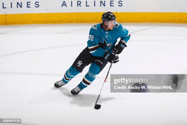 Tim Heed of the San Jose Sharks skates with the puck against the Arizona Coyotes at SAP Center on January 13, 2018 in San Jose, California.