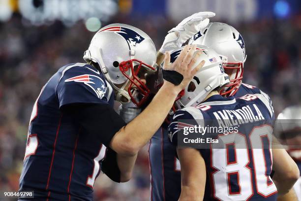 Tom Brady of the New England Patriots celebrates a touchdown with Danny Amendola in the fourth quarter during the AFC Championship Game against the...