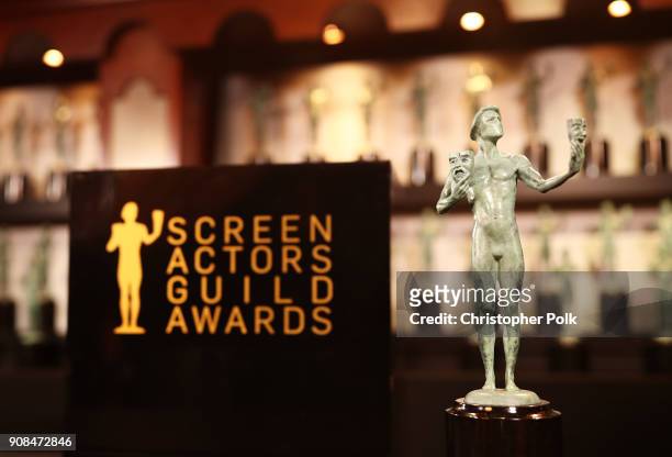 The 'Actor' statue on display before the 24th Annual Screen Actors Guild Awards Trophy Room at The Shrine Auditorium on January 21, 2018 in Los...