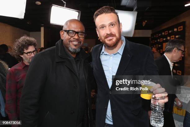 Actors Forest Whitaker and Jason Segel attend The IMDb Studio and The IMDb Show on Location at The Sundance Film Festival on January 21, 2018 in Park...