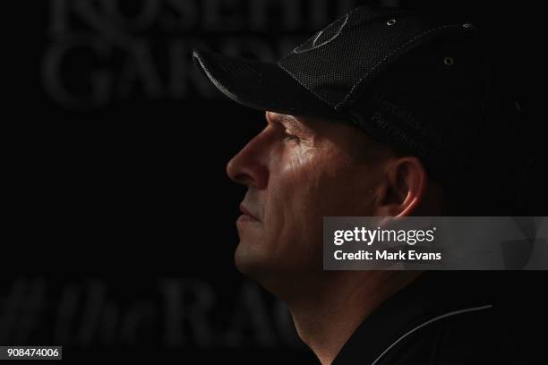 Trainer Chris Waller speaks during a press conference after his horse Winx had completed a barrier trial at Rosehill Gardens on January 22, 2018 in...