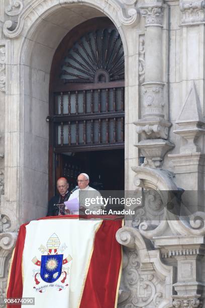 Pope Francis makes a speech on the balcony of the Cathedral, during the last day of his visit in the Plaza de Armas in Lima, Peru on January 22, 2018.