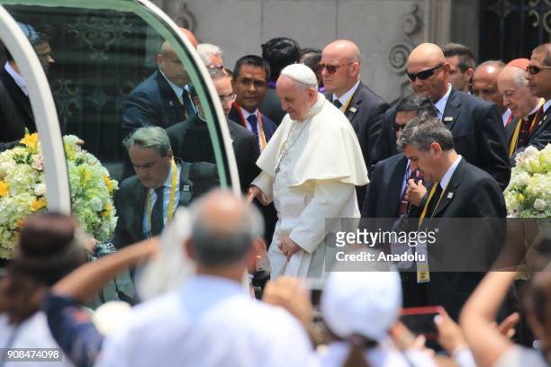Pope Francis gets on the popemobile to greet people during the last day of his visit in the Plaza de Armas in Lima, Peru on January 22, 2018.