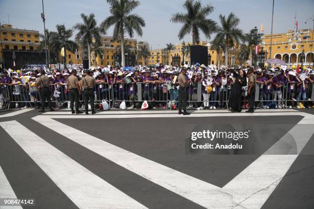 Thousands of people gather for Pope Francis ahead of making a speech on the balcony of the Cathedral, during the last day of his visit in the Plaza...