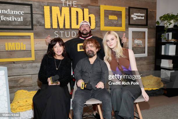 Director Reed Morano, host Kevin Smith, actors Peter Dinklage and Elle Fanning of 'I Think We're Alone Now' attend The IMDb Studio and The IMDb Show...