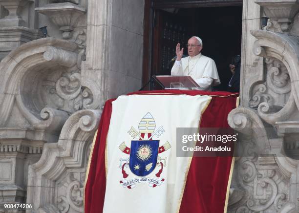 Pope Francis makes a speech on the balcony of the Cathedral, during the last day of his visit in the Plaza de Armas in Lima, Peru on January 22, 2018.