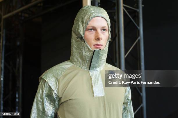 Model poses backstage prior to the Sankuanz Menswear Fall/Winter 2018-2019 show as part of Paris Fashion Week on January 21, 2018 in Paris, France.