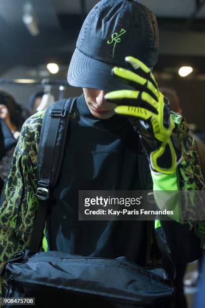 Model poses backstage prior to the Sankuanz Menswear Fall/Winter 2018-2019 show as part of Paris Fashion Week on January 21, 2018 in Paris, France.
