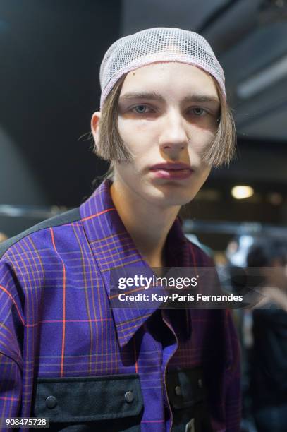 Model poses backstage prior to the Sankuanz Menswear Fall/Winter 2018-2019 show as part of Paris Fashion Week on January 21, 2018 in Paris, France.