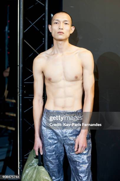 Model poses backstage prior to the Sankuanz Menswear Fall/Winter 2018-2019 show as part of Paris Fashion Week on January 21, 2018 in Paris, France.