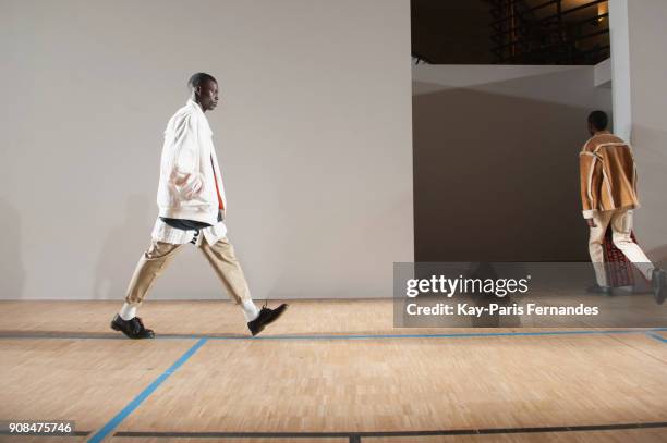 Model rehearses prior to the Christian Dada Menswear Fall/Winter 2018-2019 show as part of Paris Fashion Week on January 21, 2018 in Paris, France.