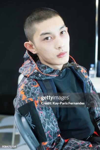 Model poses backstage prior to the Sankuanz Menswear Fall/Winter 2018-2019 show as part of Paris Fashion Week on January 21, 2018 in Paris, France.