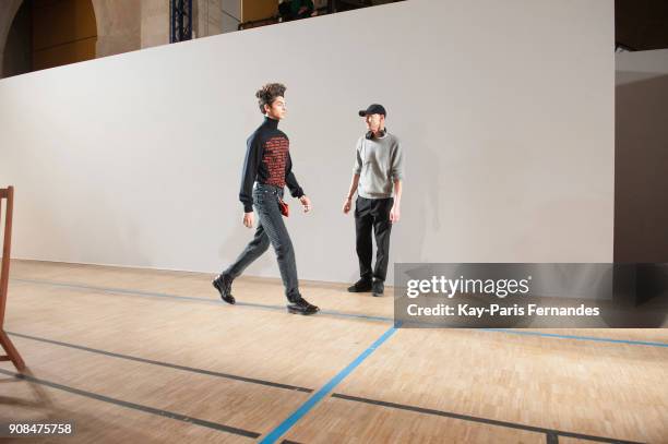 Model rehearses prior to the Christian Dada Menswear Fall/Winter 2018-2019 show as part of Paris Fashion Week on January 21, 2018 in Paris, France.