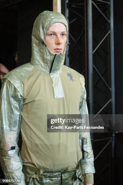 Model poses backstage prior to the Sankuanz Menswear Fall/Winter 2018-2019 show as part of Paris Fashion Week on January 21, 2018 in Paris, France.