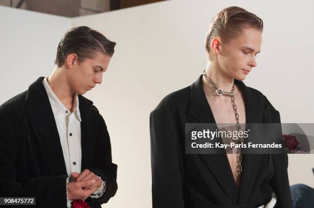 Model rehearse prior to the Christian Dada Menswear Fall/Winter 2018-2019 show as part of Paris Fashion Week on January 21, 2018 in Paris, France.