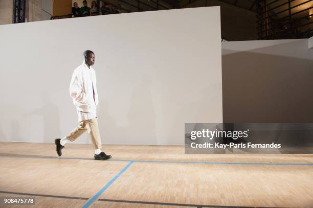 Model rehearses prior to the Christian Dada Menswear Fall/Winter 2018-2019 show as part of Paris Fashion Week on January 21, 2018 in Paris, France.