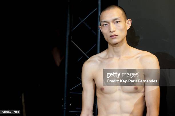 Model poses backstage prior to the Sankuanz Menswear Fall/Winter 2018-2019 show as part of Paris Fashion Week on January 21, 2018 in Paris, France.