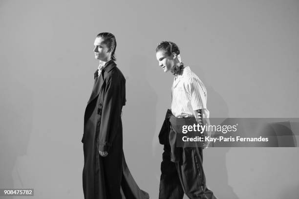 Model rehearse prior to the Christian Dada Menswear Fall/Winter 2018-2019 show as part of Paris Fashion Week on January 21, 2018 in Paris, France.