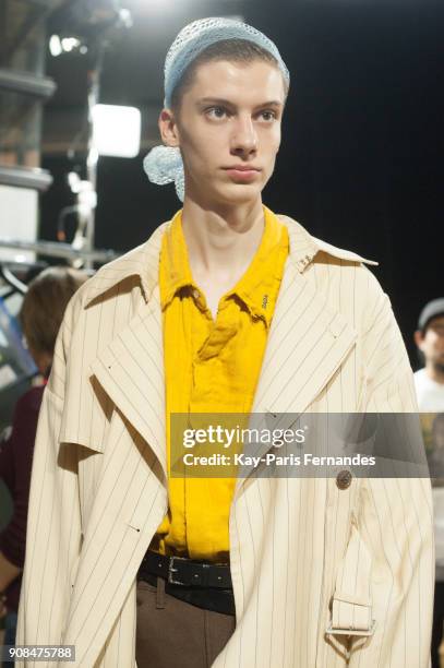 Model poses backstage prior to the Christian Dada Menswear Fall/Winter 2018-2019 show as part of Paris Fashion Week on January 21, 2018 in Paris,...