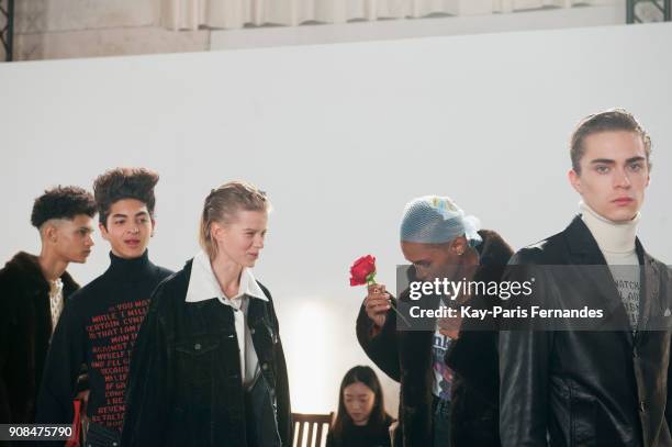 Model rehearse prior to the Christian Dada Menswear Fall/Winter 2018-2019 show as part of Paris Fashion Week on January 21, 2018 in Paris, France.