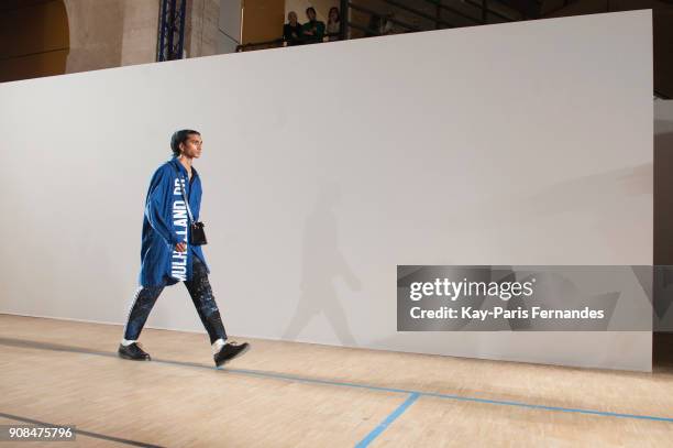 Model rehearses prior to the Christian Dada Menswear Fall/Winter 2018-2019 show as part of Paris Fashion Week on January 21, 2018 in Paris, France.