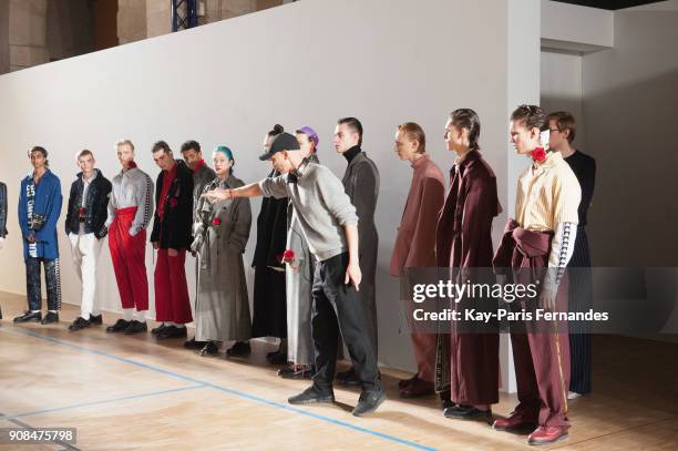 Model rehearse prior to the Christian Dada Menswear Fall/Winter 2018-2019 show as part of Paris Fashion Week on January 21, 2018 in Paris, France.