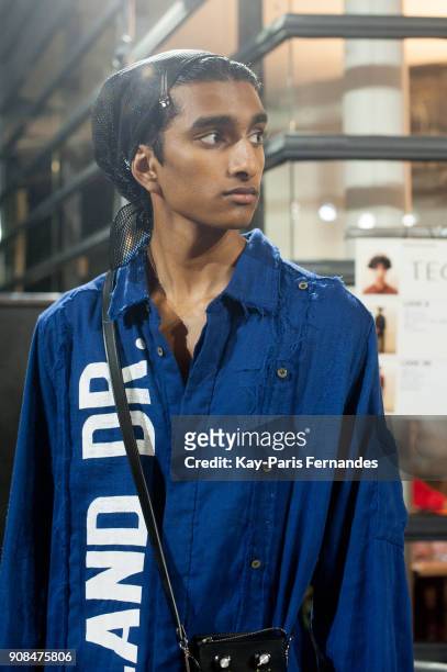 Model poses backstage prior to the Christian Dada Menswear Fall/Winter 2018-2019 show as part of Paris Fashion Week on January 21, 2018 in Paris,...