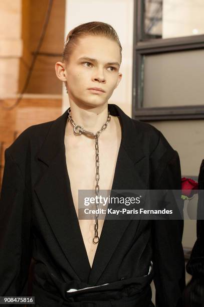 Model poses backstage prior to the Christian Dada Menswear Fall/Winter 2018-2019 show as part of Paris Fashion Week on January 21, 2018 in Paris,...