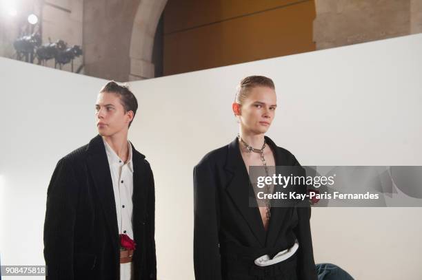 Model rehearse prior to the Christian Dada Menswear Fall/Winter 2018-2019 show as part of Paris Fashion Week on January 21, 2018 in Paris, France.