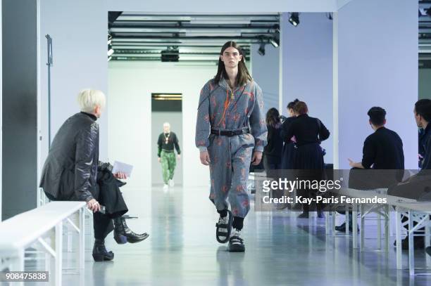 Model rehearses prior to the Sankuanz Menswear Fall/Winter 2018-2019 show as part of Paris Fashion Week on January 21, 2018 in Paris, France.