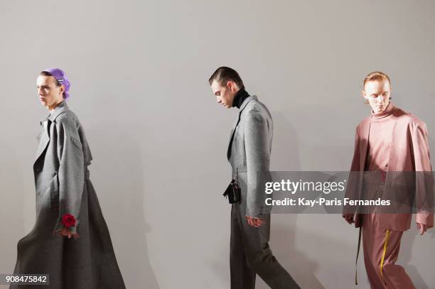 Model rehearse prior to the Christian Dada Menswear Fall/Winter 2018-2019 show as part of Paris Fashion Week on January 21, 2018 in Paris, France.