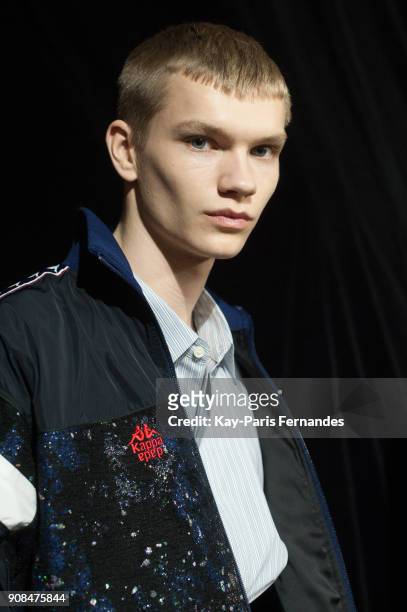 Model poses backstage prior to the Christian Dada Menswear Fall/Winter 2018-2019 show as part of Paris Fashion Week on January 21, 2018 in Paris,...