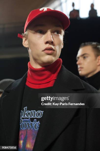 Model poses backstage prior to the Christian Dada Menswear Fall/Winter 2018-2019 show as part of Paris Fashion Week on January 21, 2018 in Paris,...