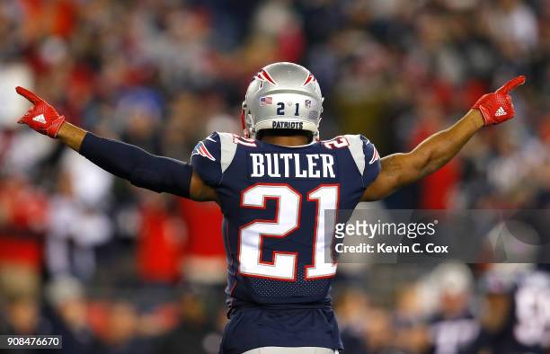 Malcolm Butler of the New England Patriots reacts in the fourth quarter during the AFC Championship Game against the Jacksonville Jaguars at Gillette...